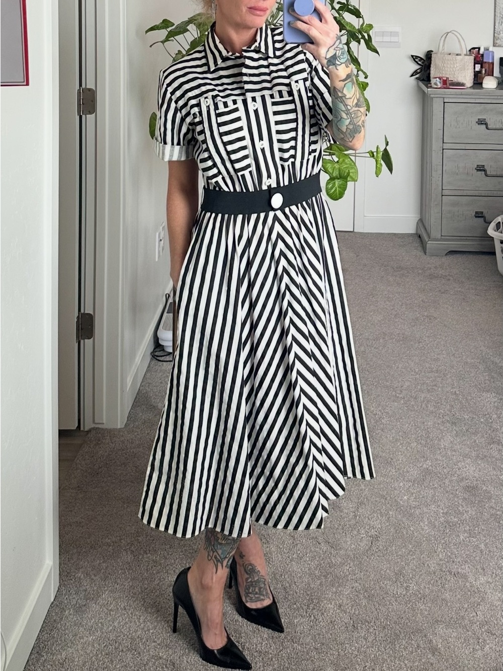 Vintage Black and White Striped Midi Shirt Dress